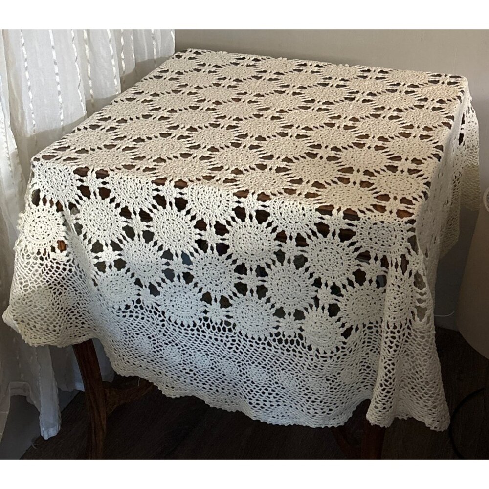 VTG Handmade Cream Crochet Round Squareish Tablecloth 55" Lace Floral Design Cot